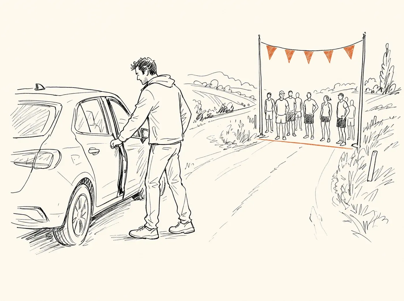 Ein Läufer in Alltagskleidung steht neben einem Auto auf einer Landstraße und öffnet die Fahrertür, statt sich an die Startlinie daneben zu stellen